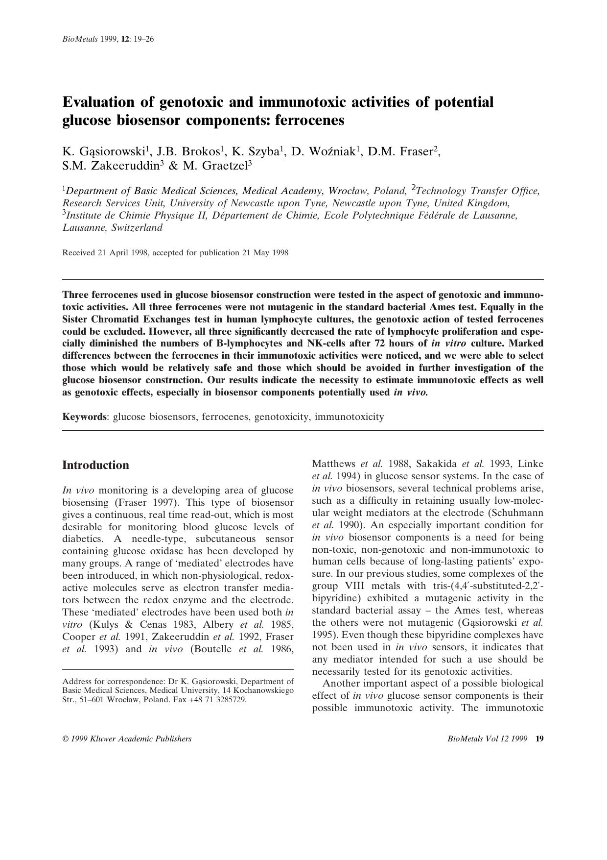Evaluation of genotoxic and immunotoxic activities of potential glucose biosensor components: ferrocenes by Unknown