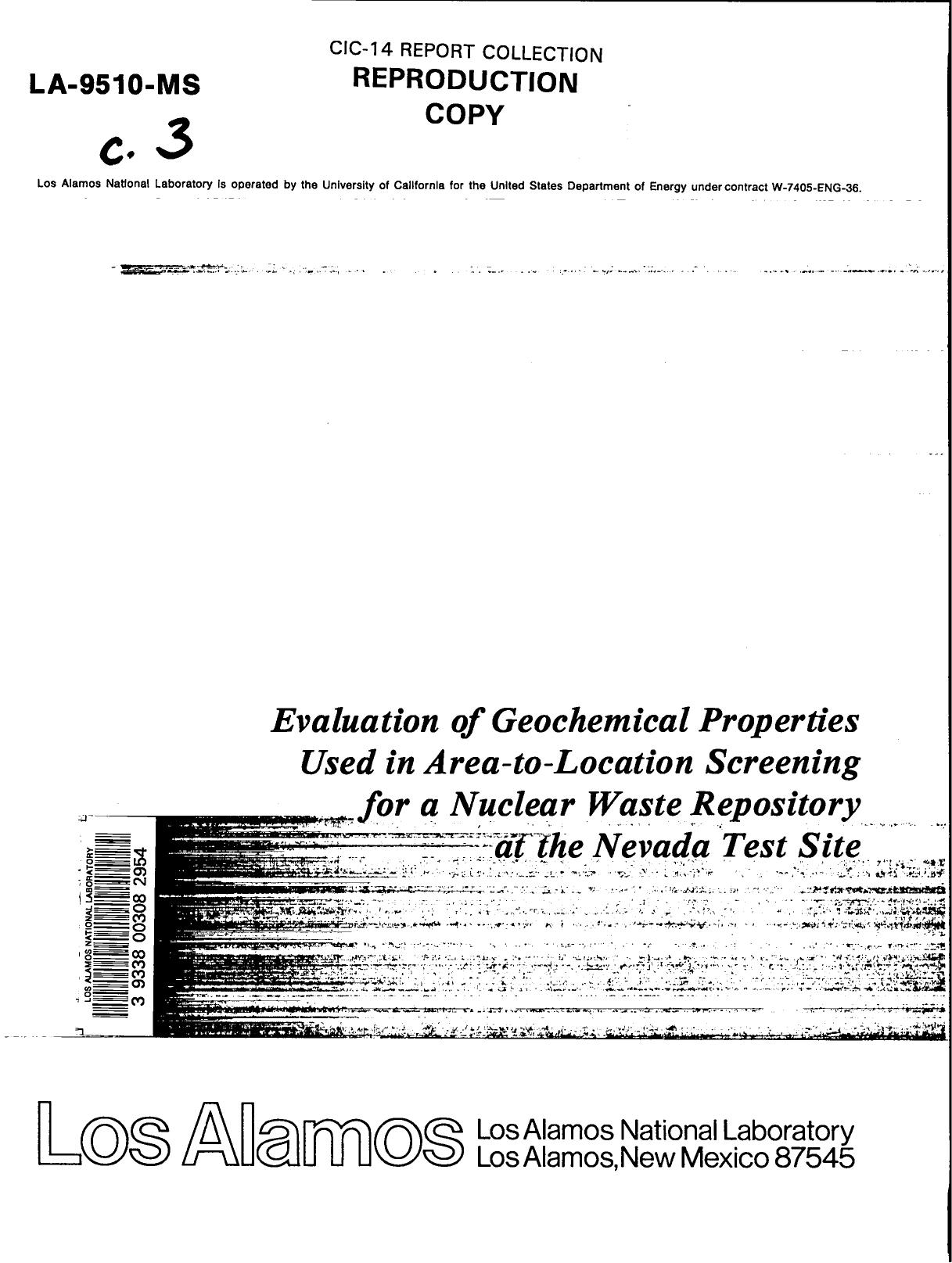 Evaluation of geochemical properties used in area-to-location screening for a nuclear waste repository at the Nevada Test Site None by LANL Research Library LWW Project