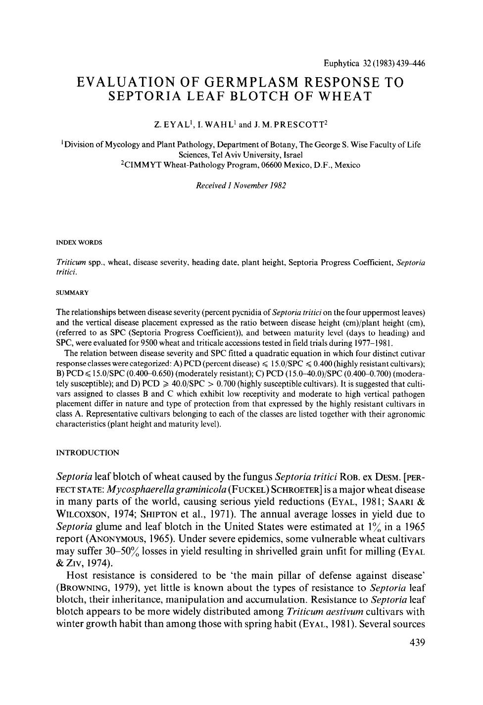 Evaluation of germplasm response to septoria leaf blotch of wheat by Unknown