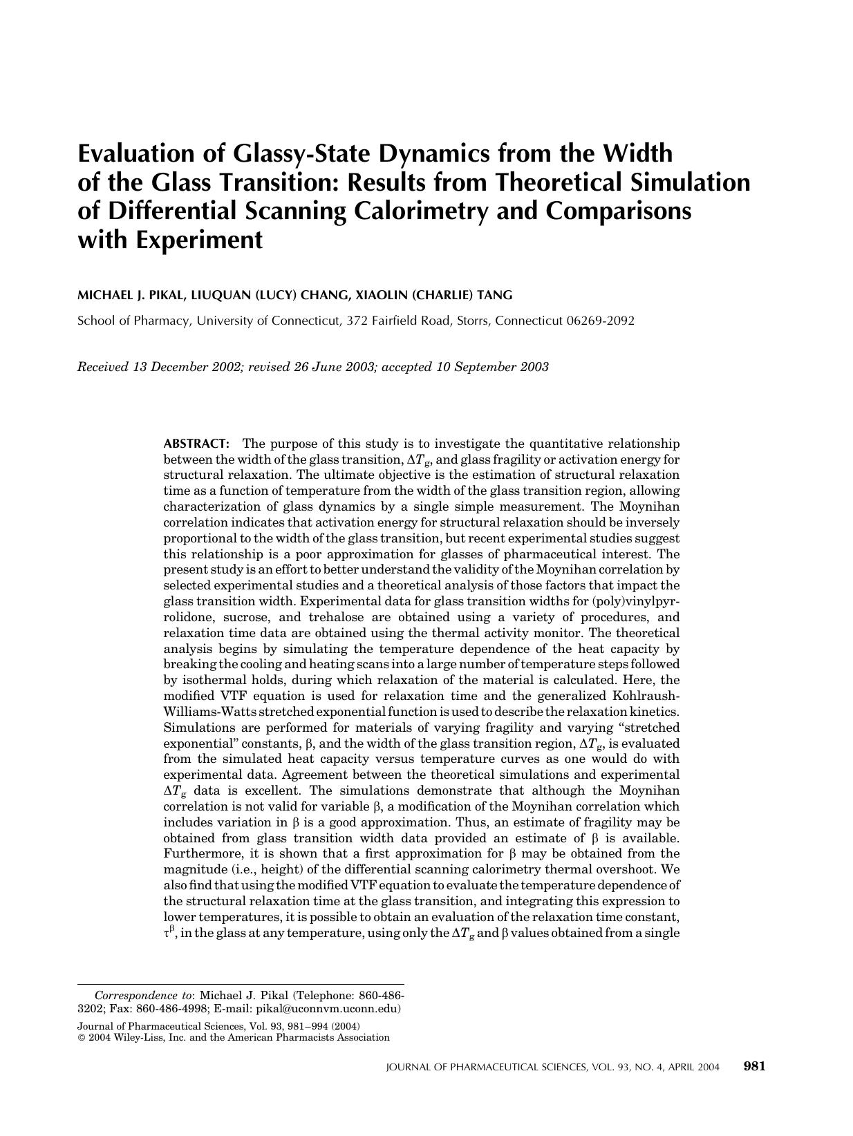 Evaluation of glassy-state dynamics from the width of the glass transition: Results from theoretical simulation of differential scanning calorimetry and comparisons with experiment by Unknown