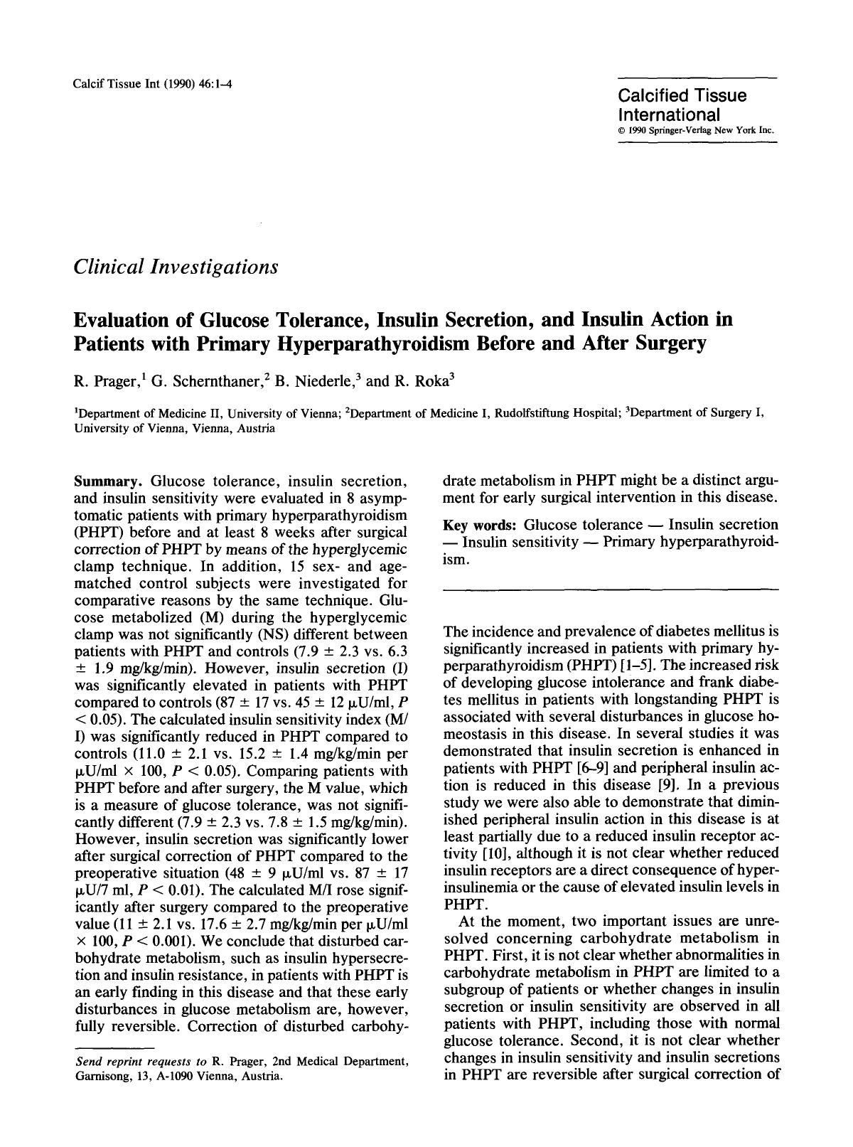 Evaluation of glucose tolerance, insulin secretion, and insulin action in patients with primary hyperparathyroidism before and after surgery by Unknown