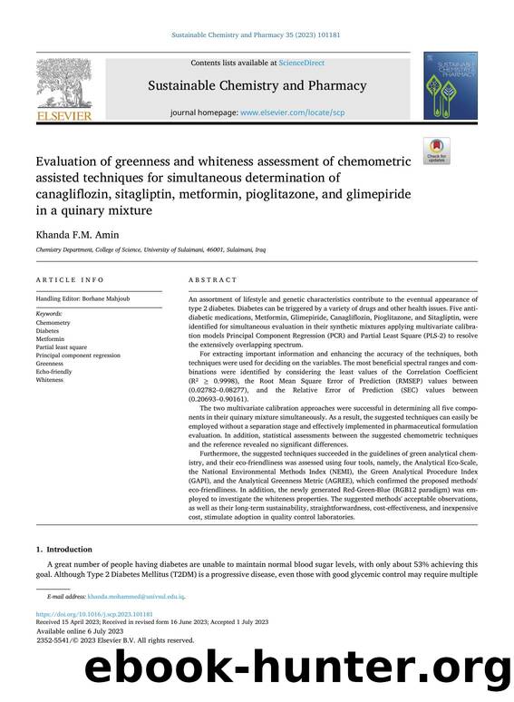 Evaluation of greenness and whiteness assessment of chemometric assisted techniques for simultaneous determination of canagliflozin, sitagliptin, metformin, pioglitazone, and glime by Khanda F.M. Amin