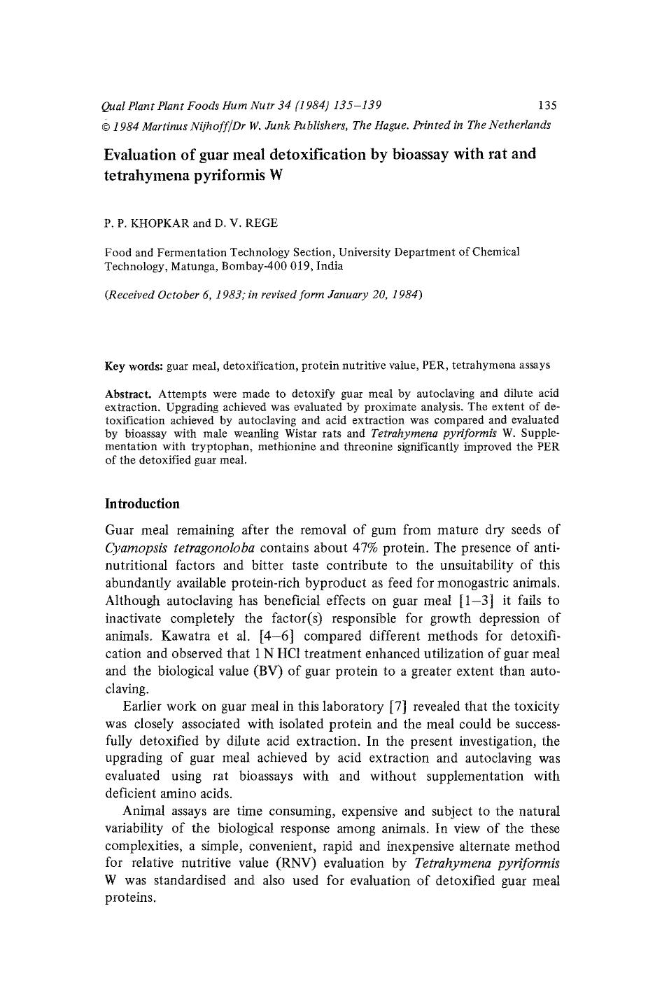 Evaluation of guar meal detoxification by bioassay with rat and tetrahymena pyriformis W by Unknown