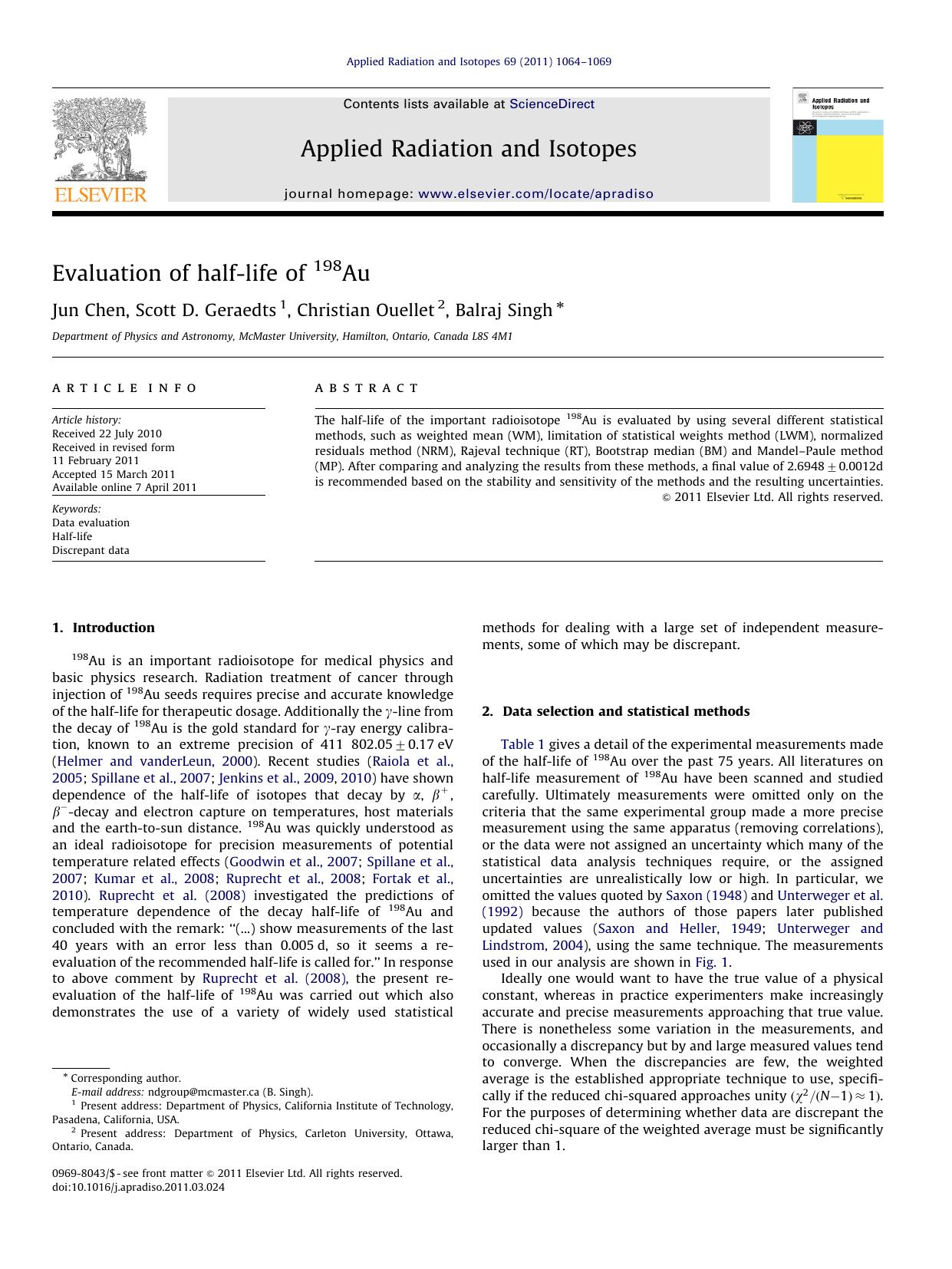 Evaluation of half-life of 198Au by Jun Chen & Scott D. Geraedts & Christian Ouellet & Balraj Singh