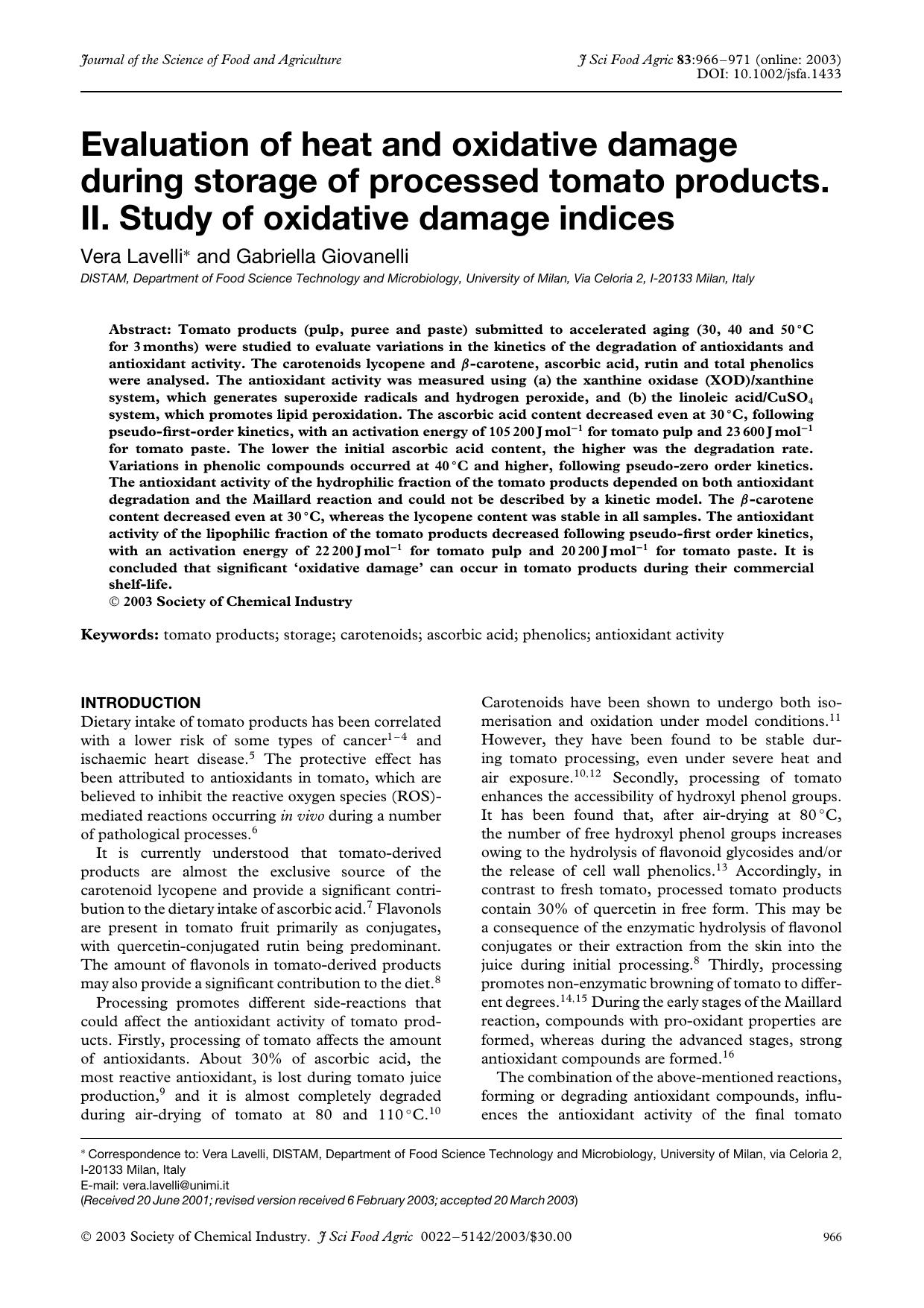 Evaluation of heat and oxidative damage during storage of processed tomato products. II. Study of oxidative damage indices by Unknown