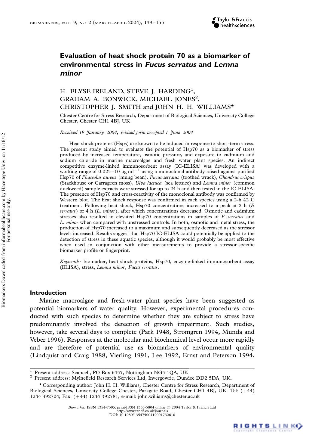Evaluation of heat shock protein 70 as a biomarker of environmental stress in Fucus serratus and Lemna minor by unknow