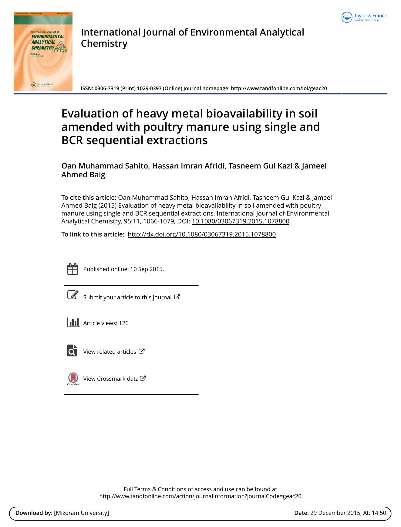 Evaluation of heavy metal bioavailability in soil amended with poultry manure using single and BCR sequential extractions by Oan Muhammad Sahito