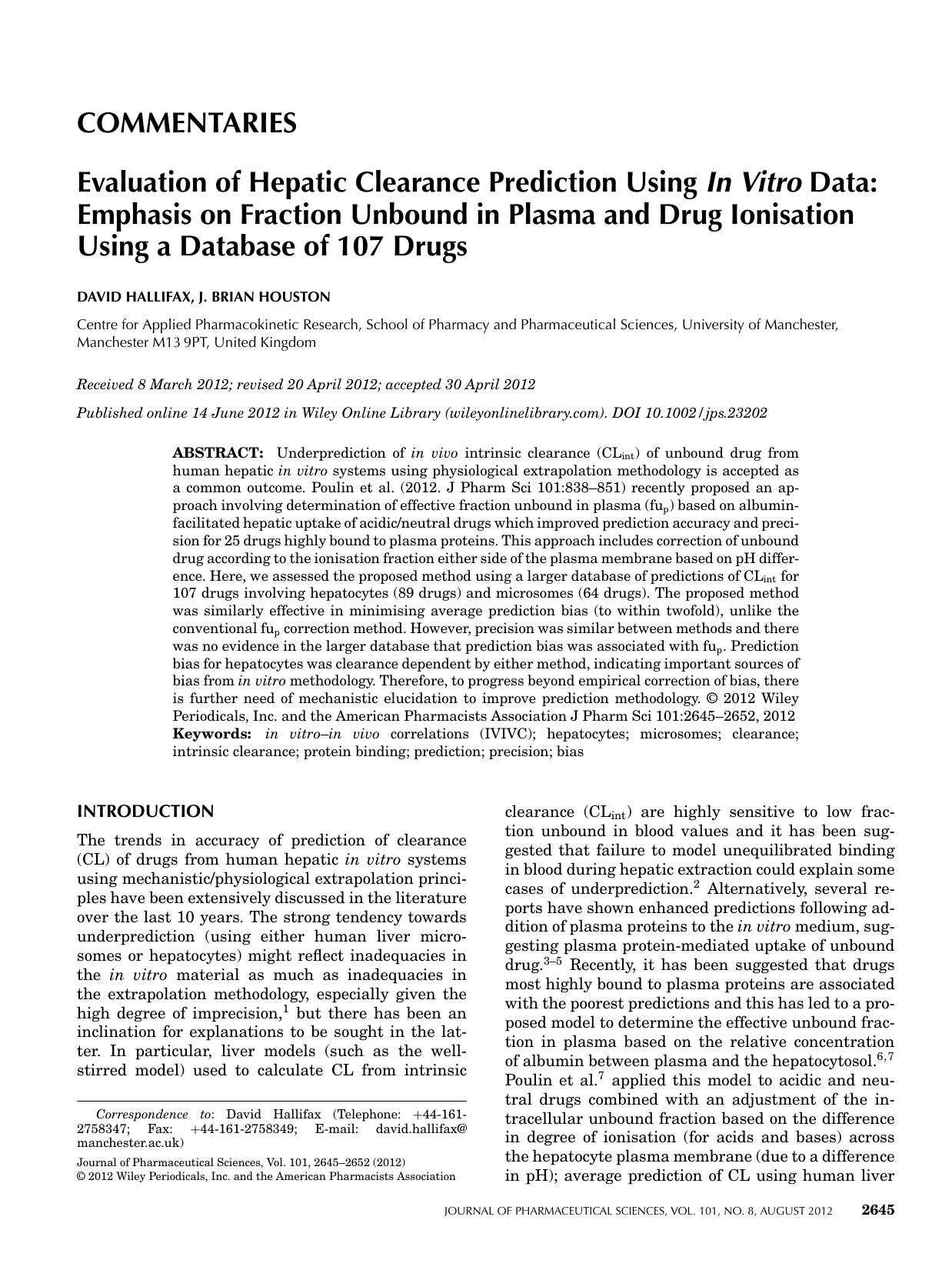 Evaluation of hepatic clearance prediction using in vitro data: Emphasis on fraction unbound in plasma and drug ionisation using a database of 107 drugs by Unknown
