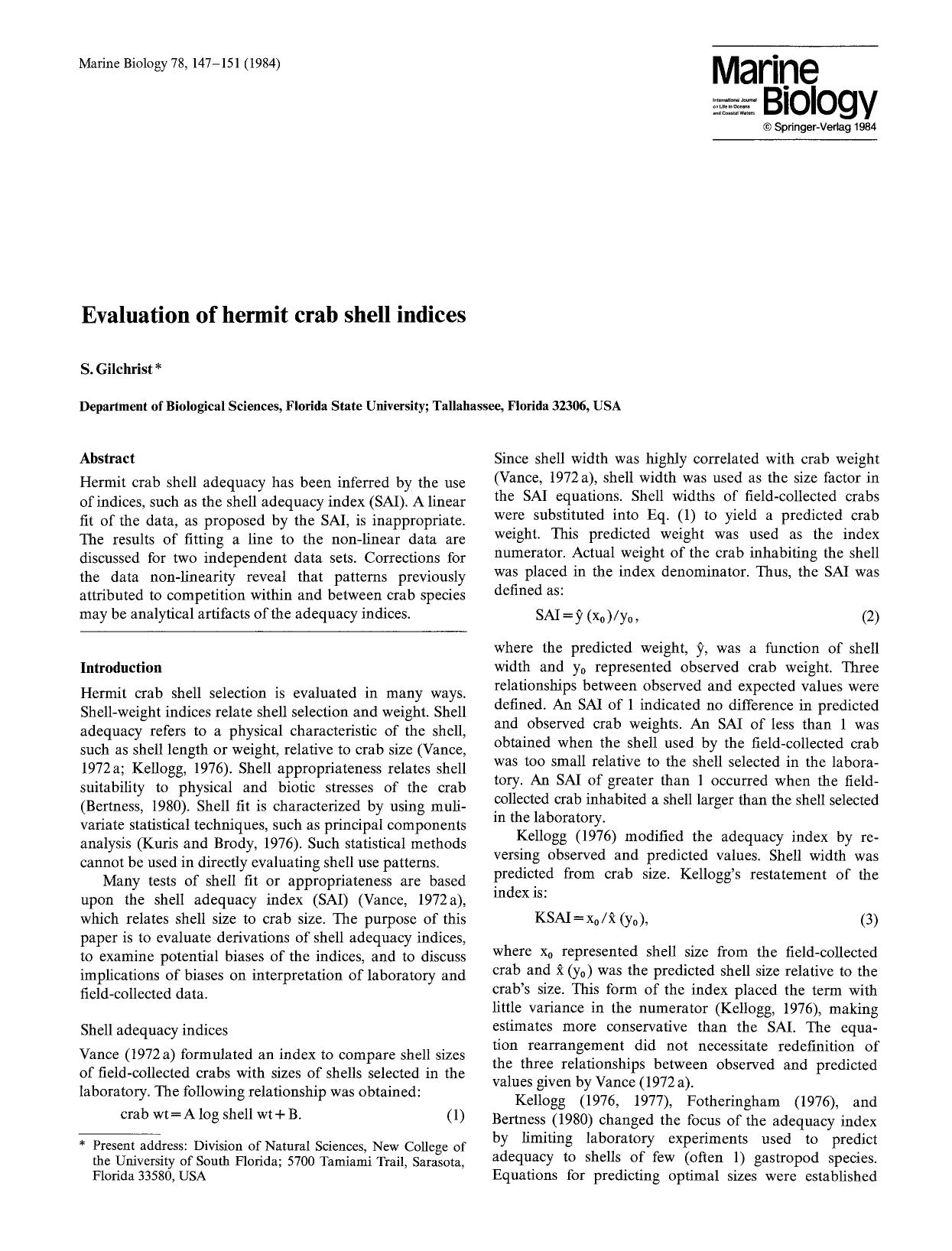 Evaluation of hermit crab shell indices by Unknown