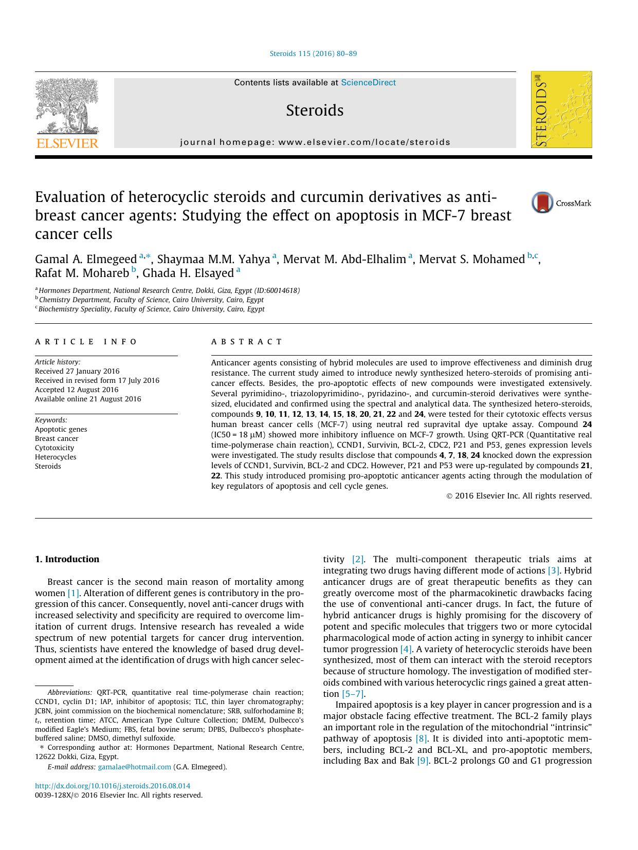 Evaluation of heterocyclic steroids and curcumin derivatives as anti-breast cancer agents: Studying the effect on apoptosis in MCF-7 breast cancer cells by unknow