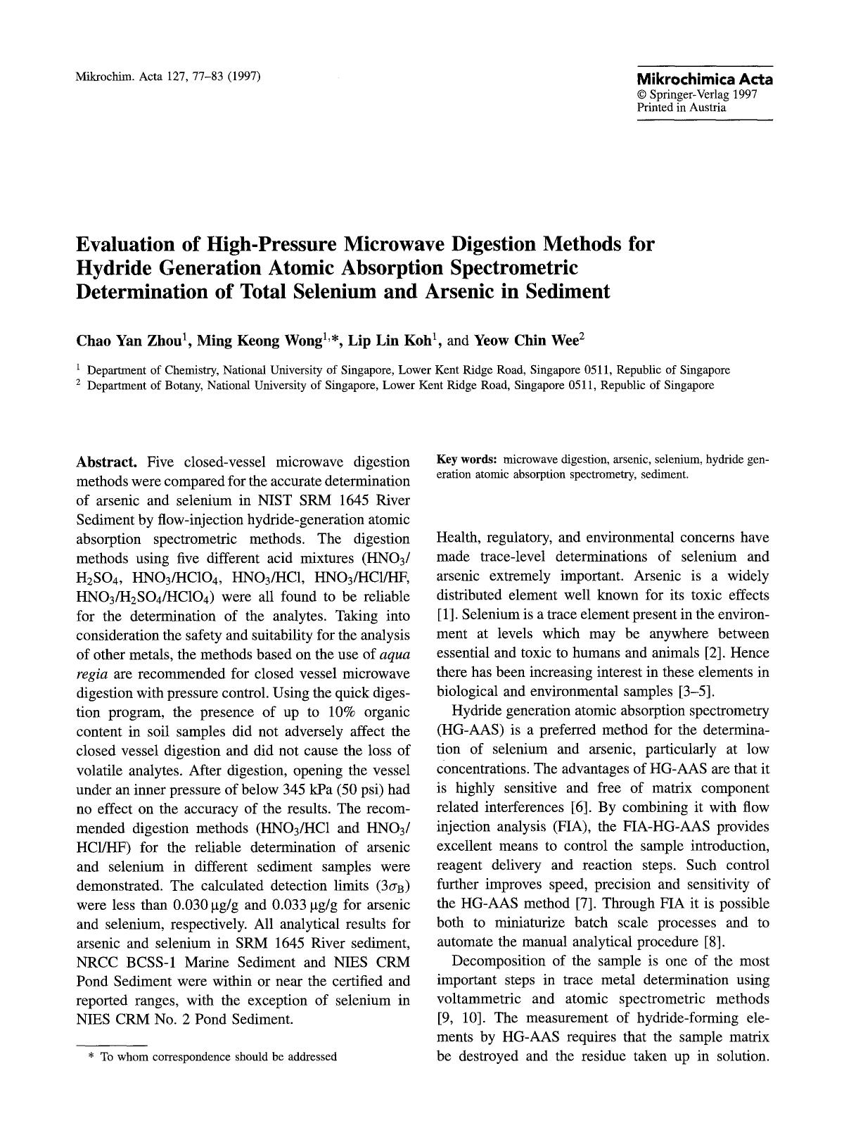 Evaluation of high-pressure microwave digestion methods for hydride generation atomic absorption spectrometric determination of total selenium and arsenic in sediment by Unknown