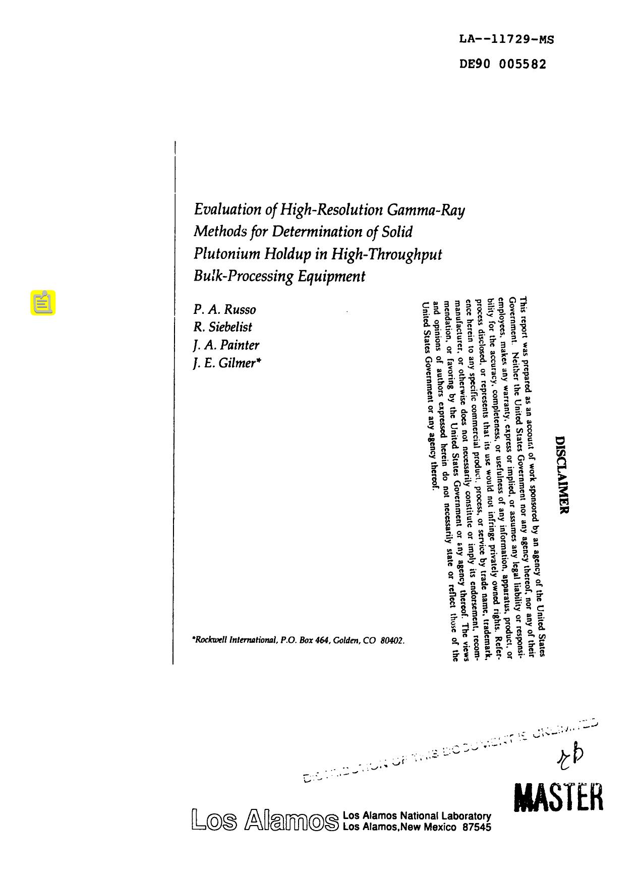 Evaluation of high-resolution gamma-ray methods for determination of solid plutonium holdup in high-throughput bulk-processing equipment None by LANL Research Library LWW Project