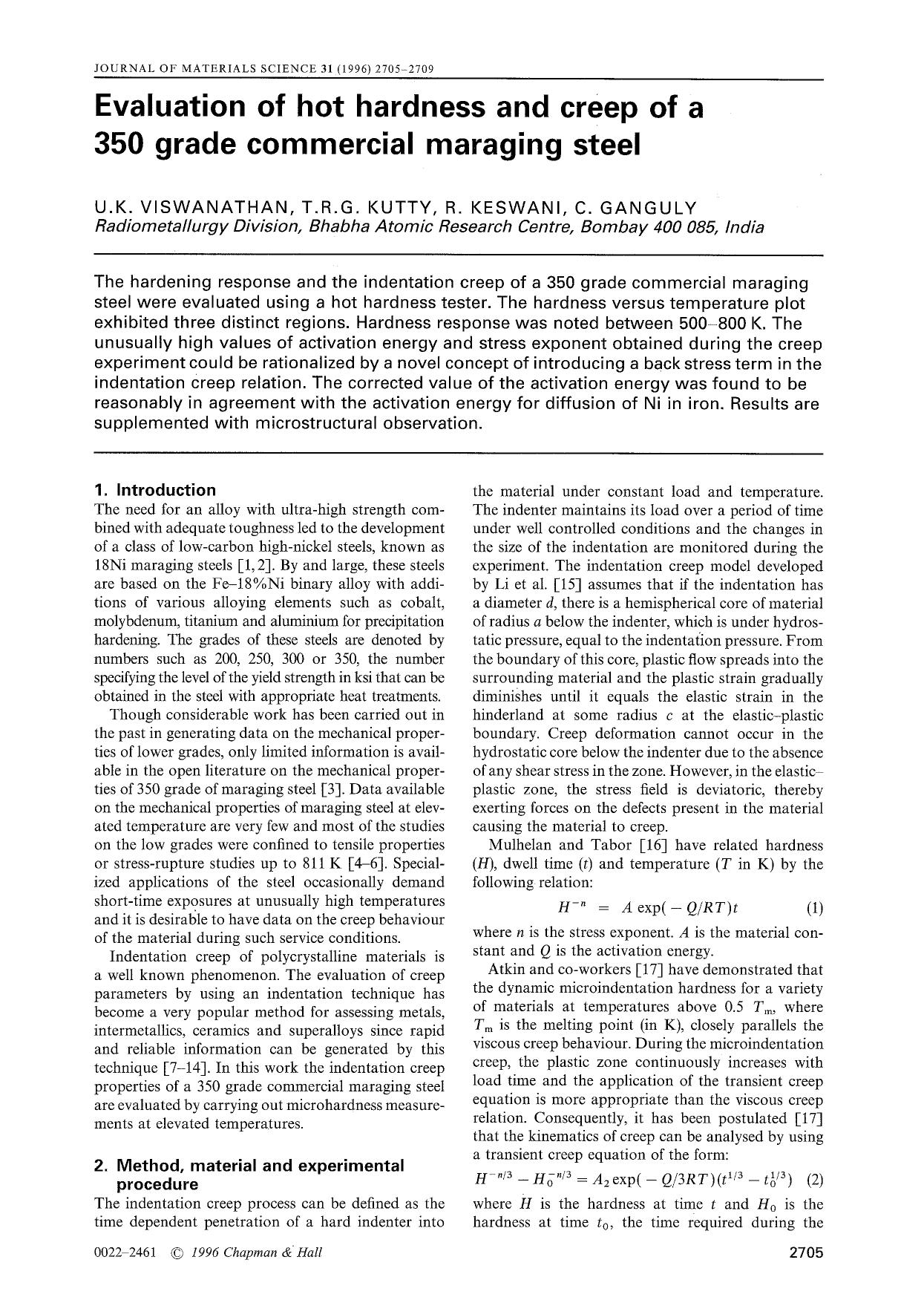 Evaluation of hot hardness and creep of a 350 grade commercial maraging steel by Unknown