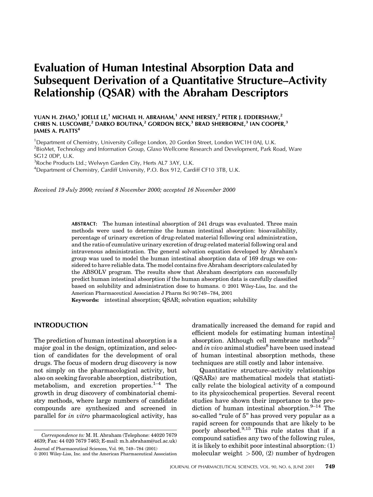 Evaluation of human intestinal absorption data and subsequent derivation of a quantitative structure-activity relationship (QSAR) with the Abraham descriptors by Unknown