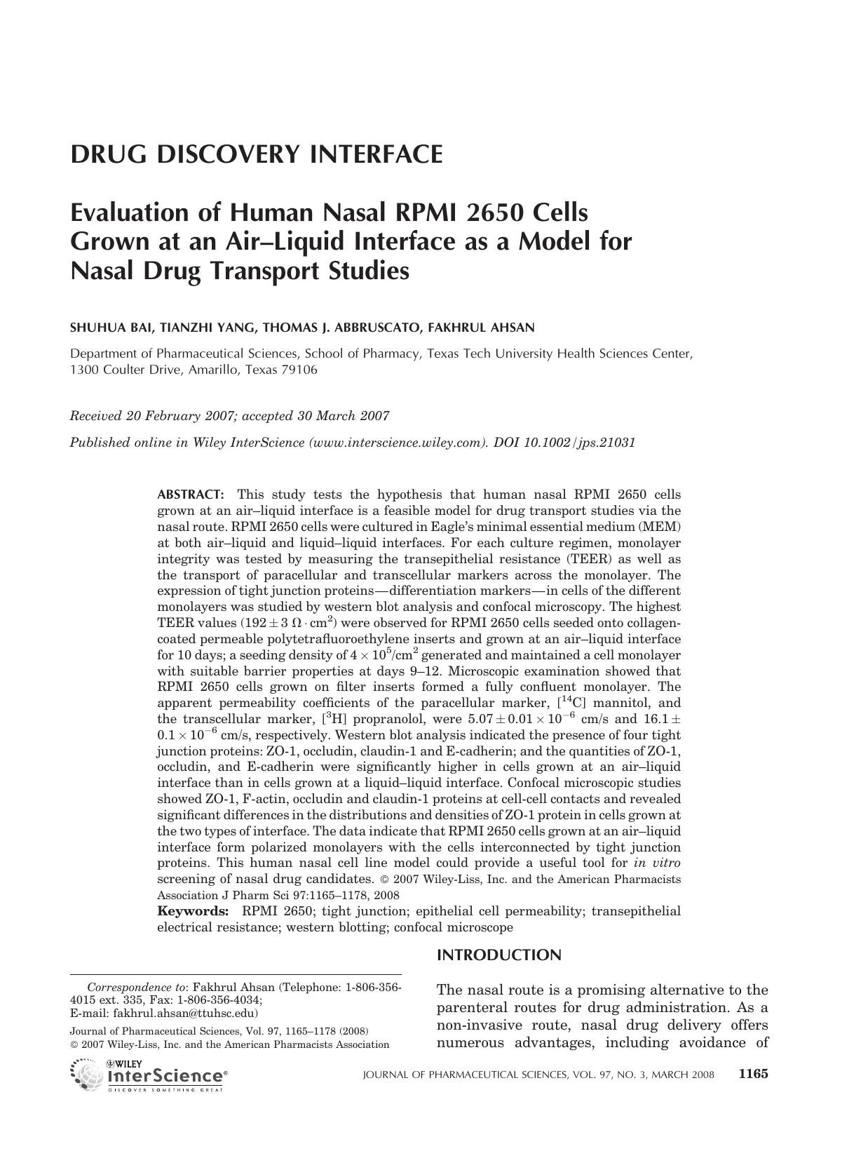 Evaluation of human nasal RPMI 2650 cells grown at an air-liquid interface as a model for nasal drug transport studies by Unknown