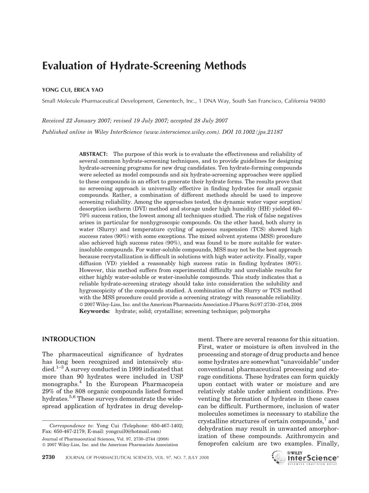 Evaluation of hydrate-screening methods by Unknown