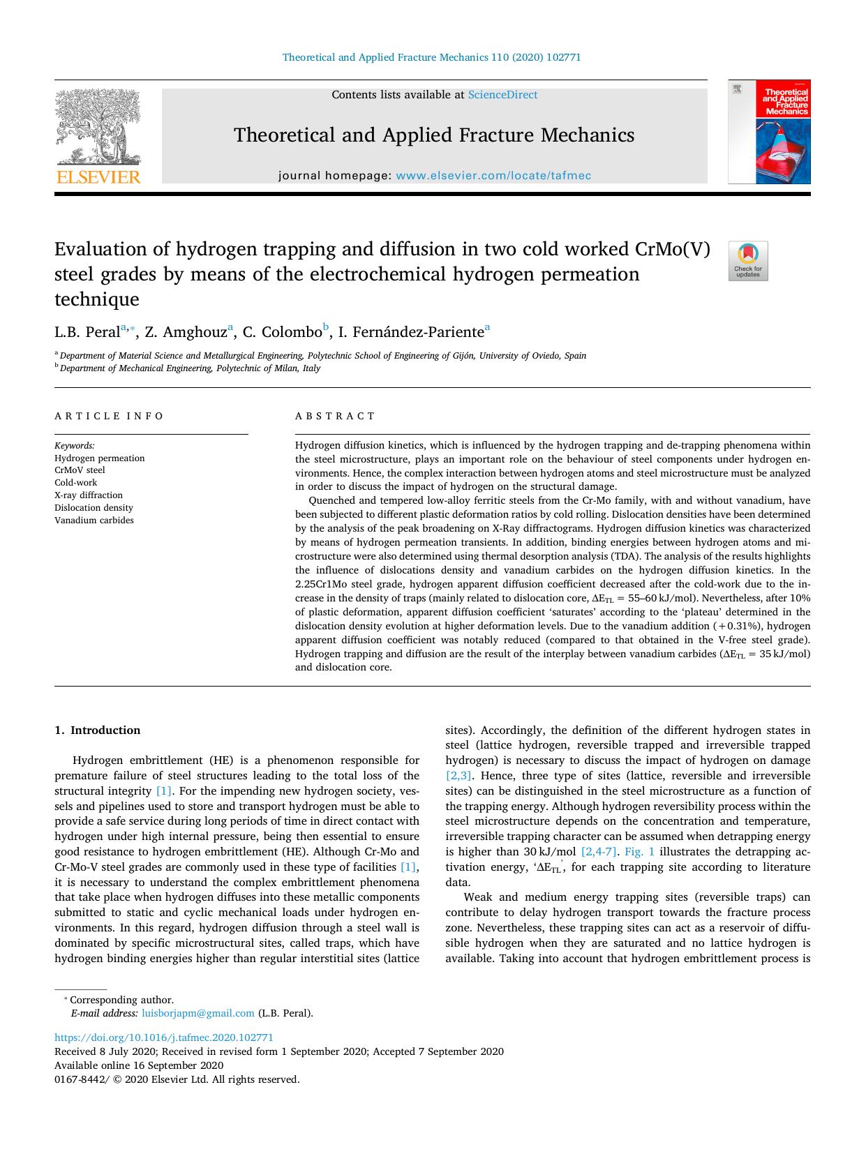 Evaluation of hydrogen trapping and diffusion in two cold worked CrMo(V) steel grades by means of the electrochemical hydrogen permeation technique by L.B. Peral & Z. Amghouz & C. Colombo & I. Fernández-Pariente
