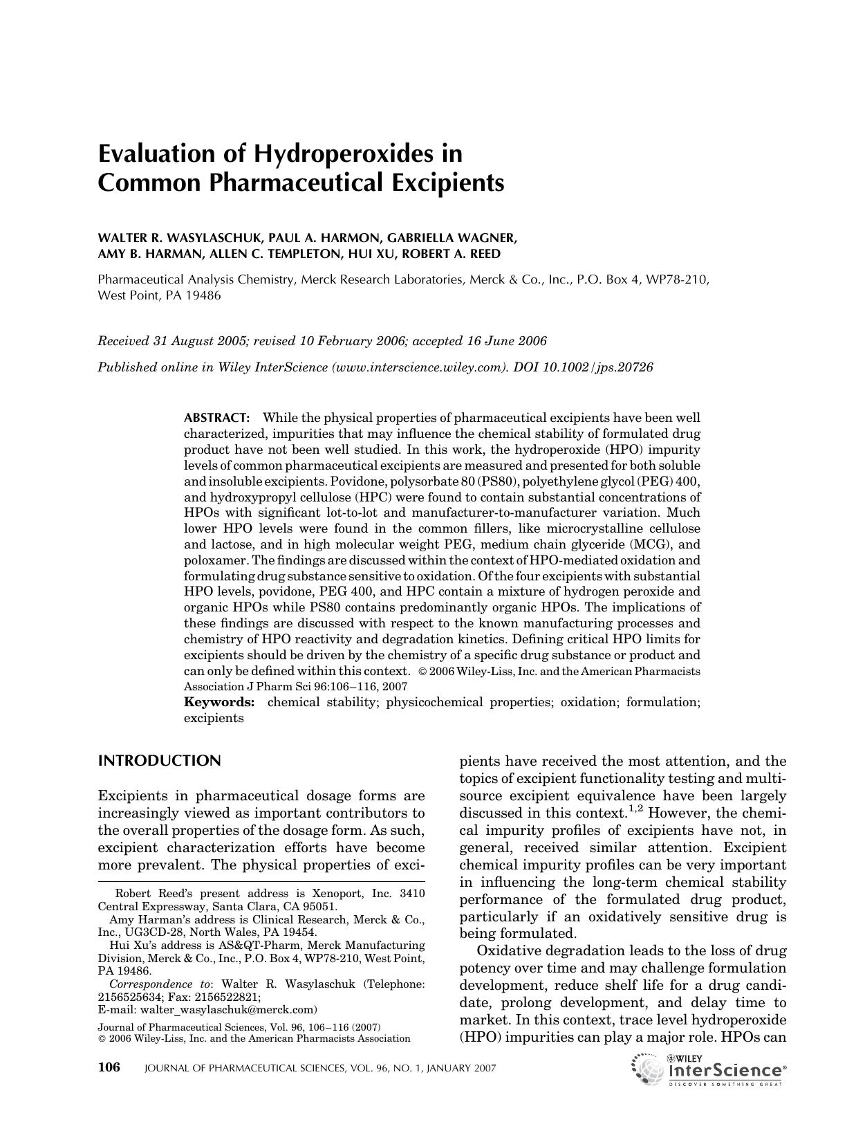 Evaluation of hydroperoxides in common pharmaceutical excipients by Unknown