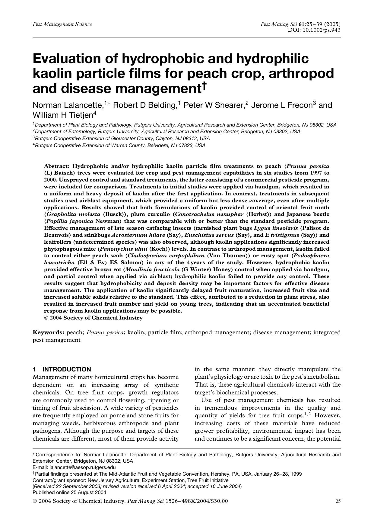 Evaluation of hydrophobic and hydrophilic kaolin particle films for peach crop, arthropod and disease management by Unknown