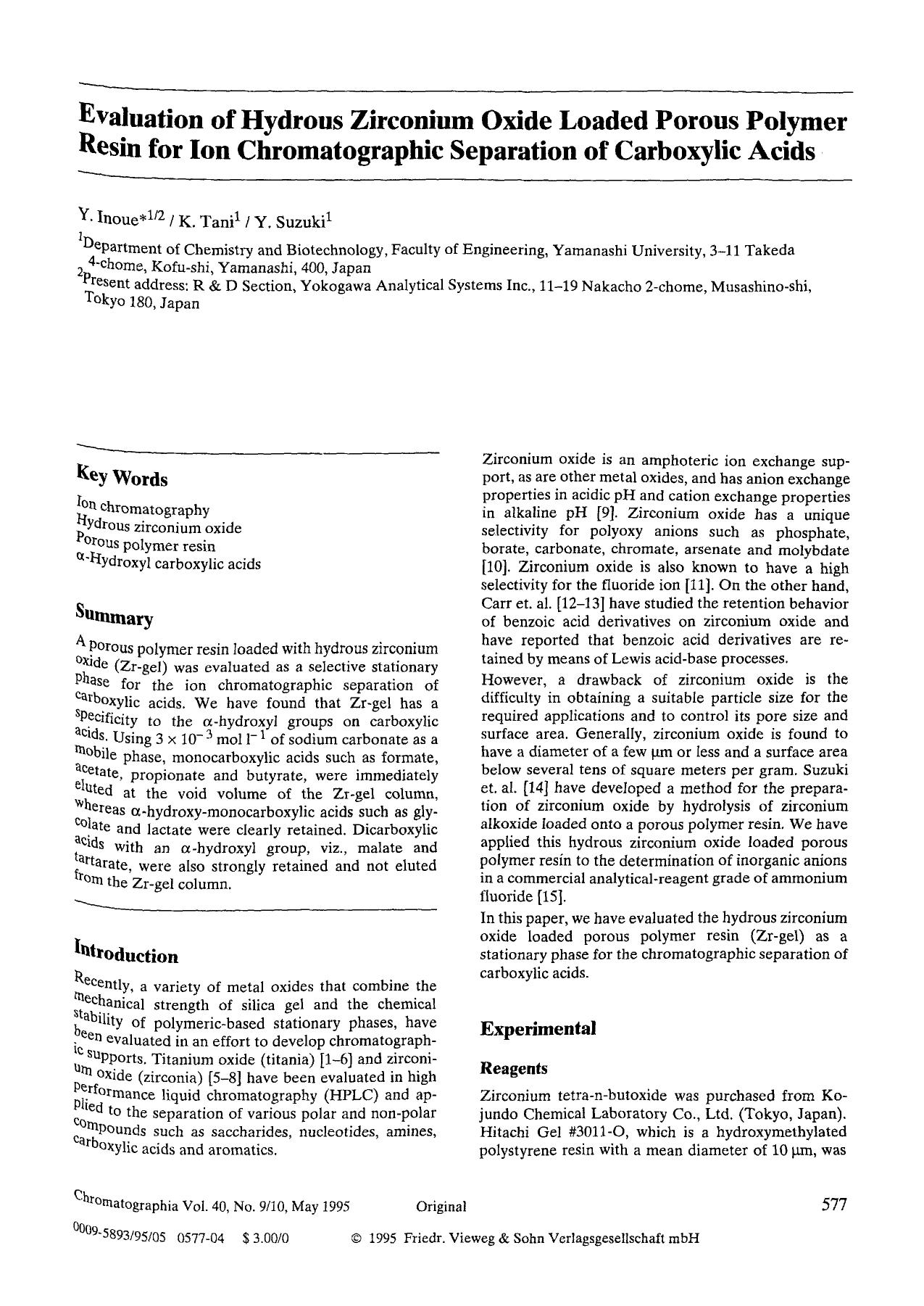 Evaluation of hydrous zirconium oxide loaded porous polymer resin for ion chromatographic separation of carboxylic acids by Unknown