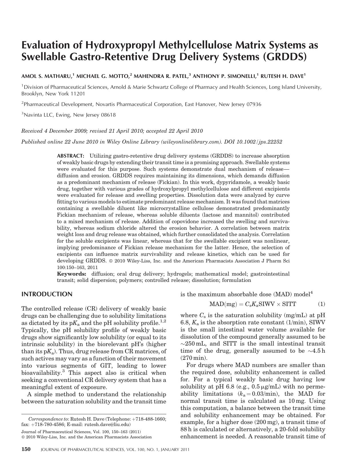 Evaluation of hydroxypropyl methylcellulose matrix systems as swellable gastroretentive drug delivery systems (GRDDS) by Unknown