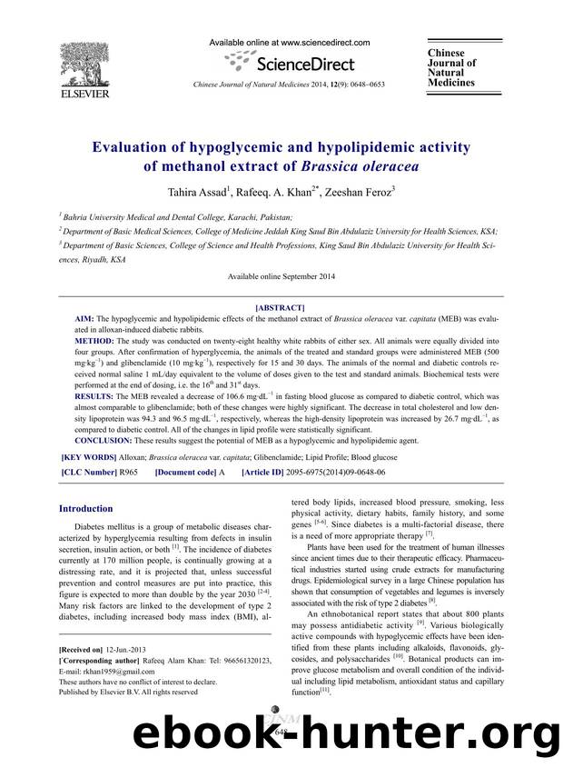 Evaluation of hypoglycemic and hypolipidemic activity of methanol extract of Brassica oleracea by Tahira Assad & Rafeeq A. Khan & Zeeshan Feroz