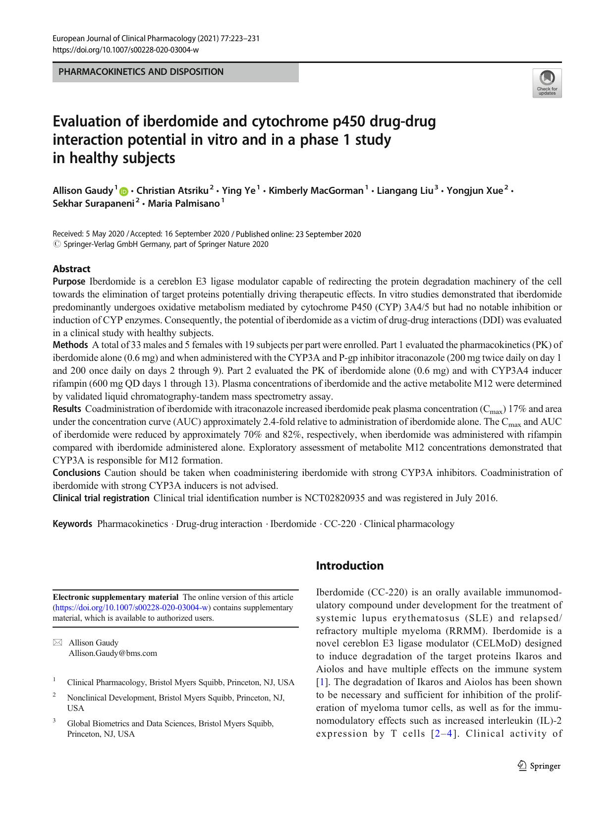 Evaluation of iberdomide and cytochrome p450 drug-drug interaction potential in vitro and in a phase 1 study in healthy subjects by unknow