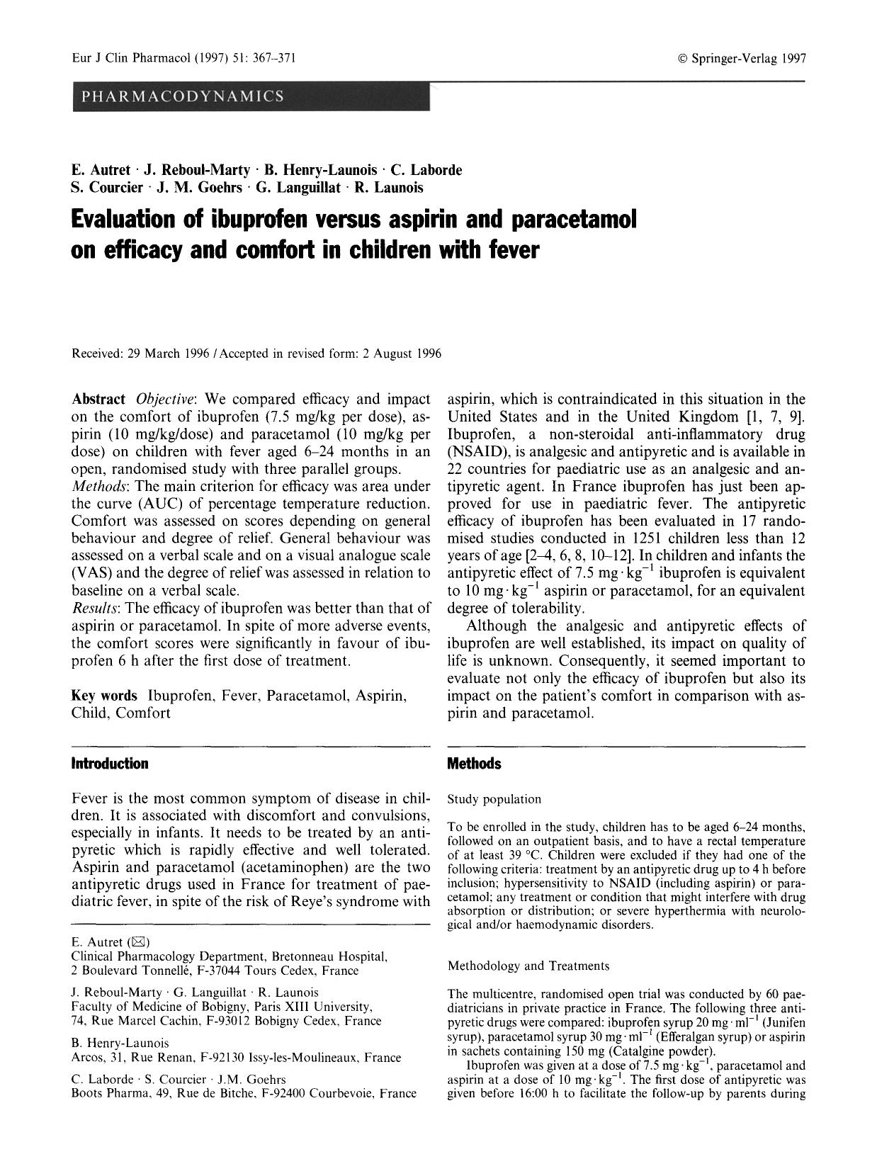 Evaluation of ibuprofen versus aspirin and paracetamol on efficacy and comfort in children with fever by Unknown