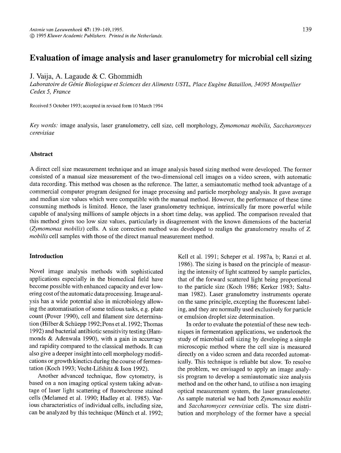 Evaluation of image analysis and laser granulometry for microbial cell sizing by Unknown