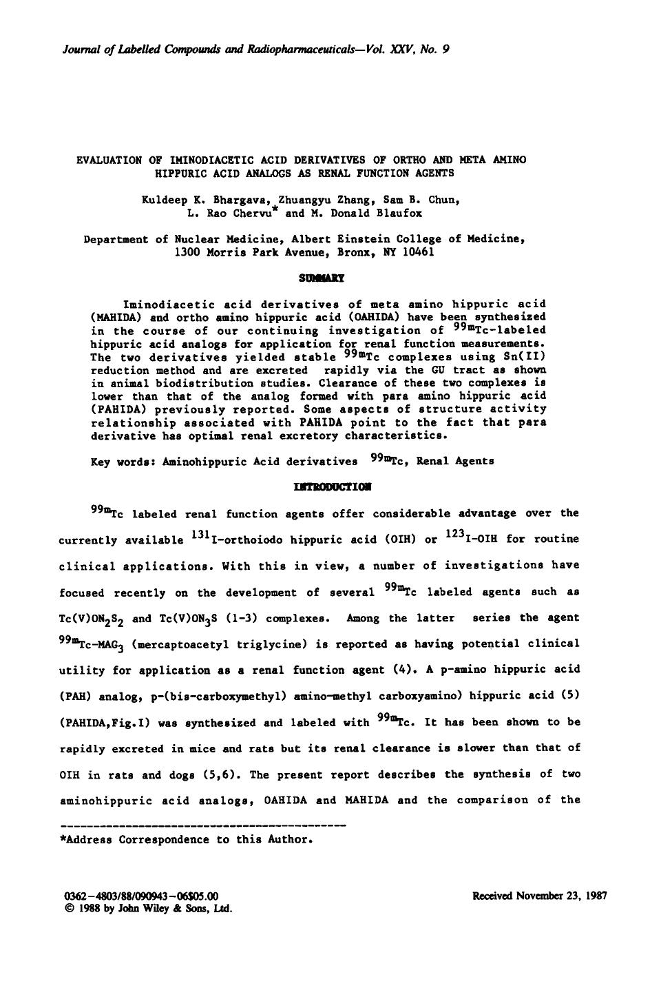 Evaluation of iminodiacetic acid derivatives of ortho and meta amino hippuric acid analogs as renal function agents by Unknown
