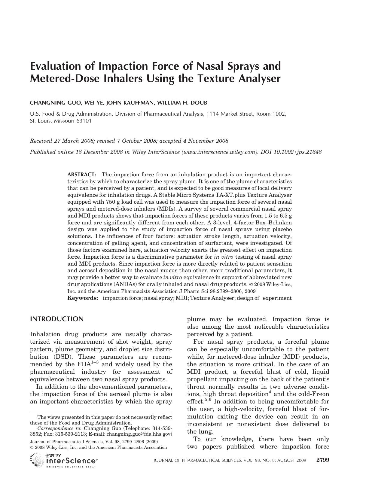 Evaluation of impaction force of nasal sprays and metered-dose inhalers using the Texture Analyser by Unknown