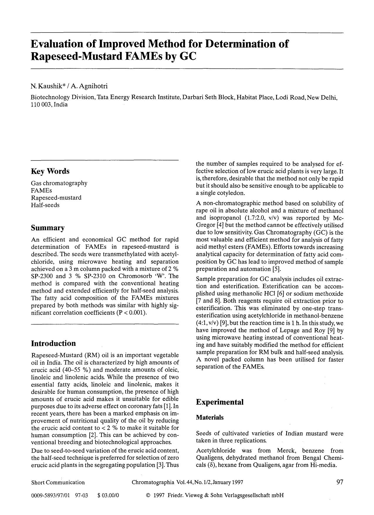 Evaluation of improved method for determination of rapeseed-mustard FAMEs by GC by Unknown