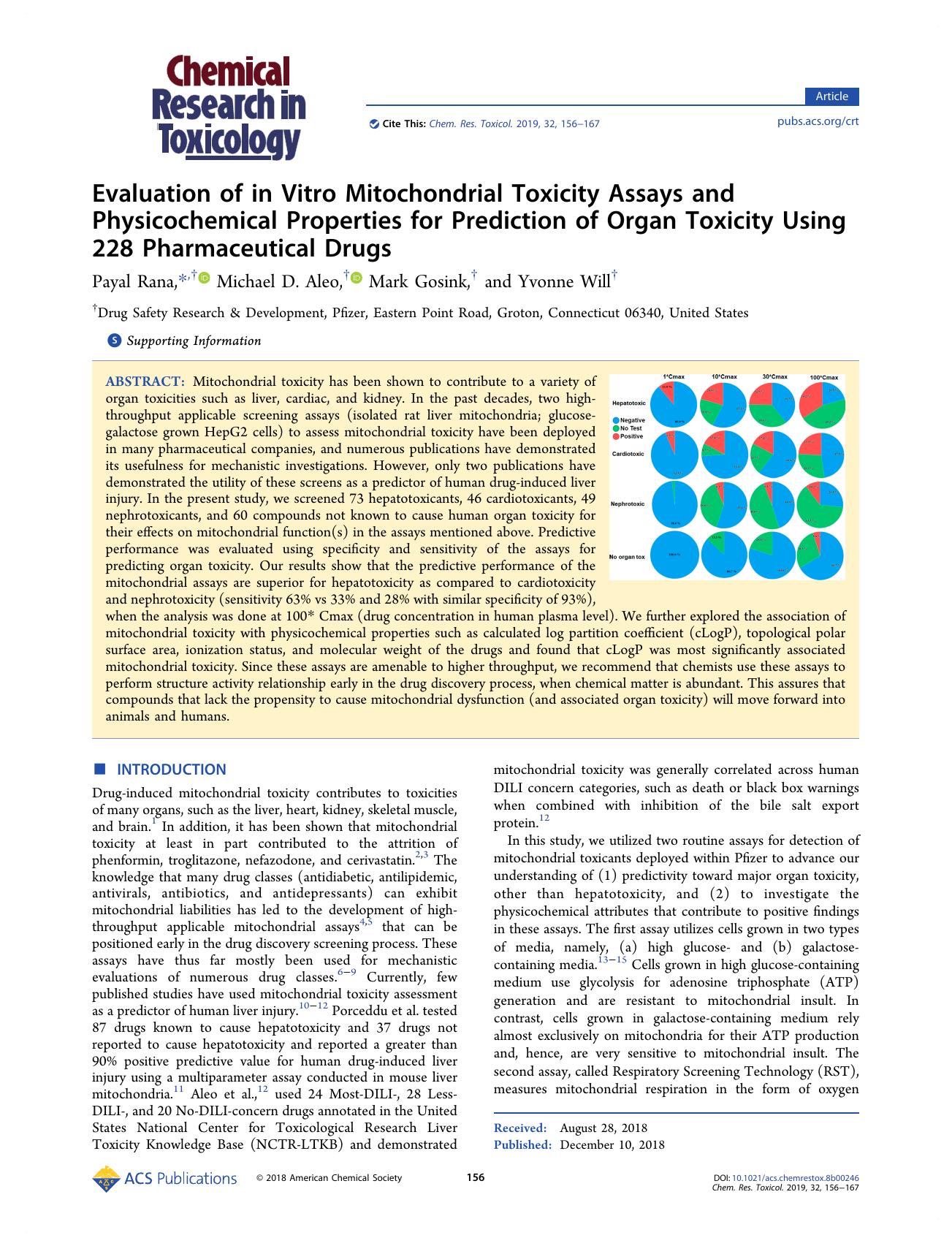 Evaluation of in Vitro Mitochondrial Toxicity Assays and Physicochemical Properties for Prediction of Organ Toxicity Using 228 Pharmaceutical Drugs by Payal Rana Michael D. Aleo Mark Gosink and Yvonne Will