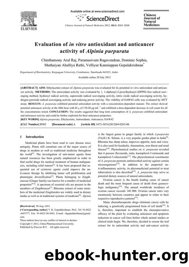 Evaluation of in vitro antioxidant and anticancer activity of Alpinia purpurata by unknow