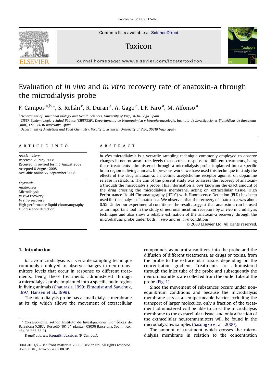 Evaluation of in vivo and in vitro recovery rate of anatoxin-a through the microdialysis probe by F. Campos; S. Rellán; R. Duran; A. Gago; L.F. Faro; M. Alfonso