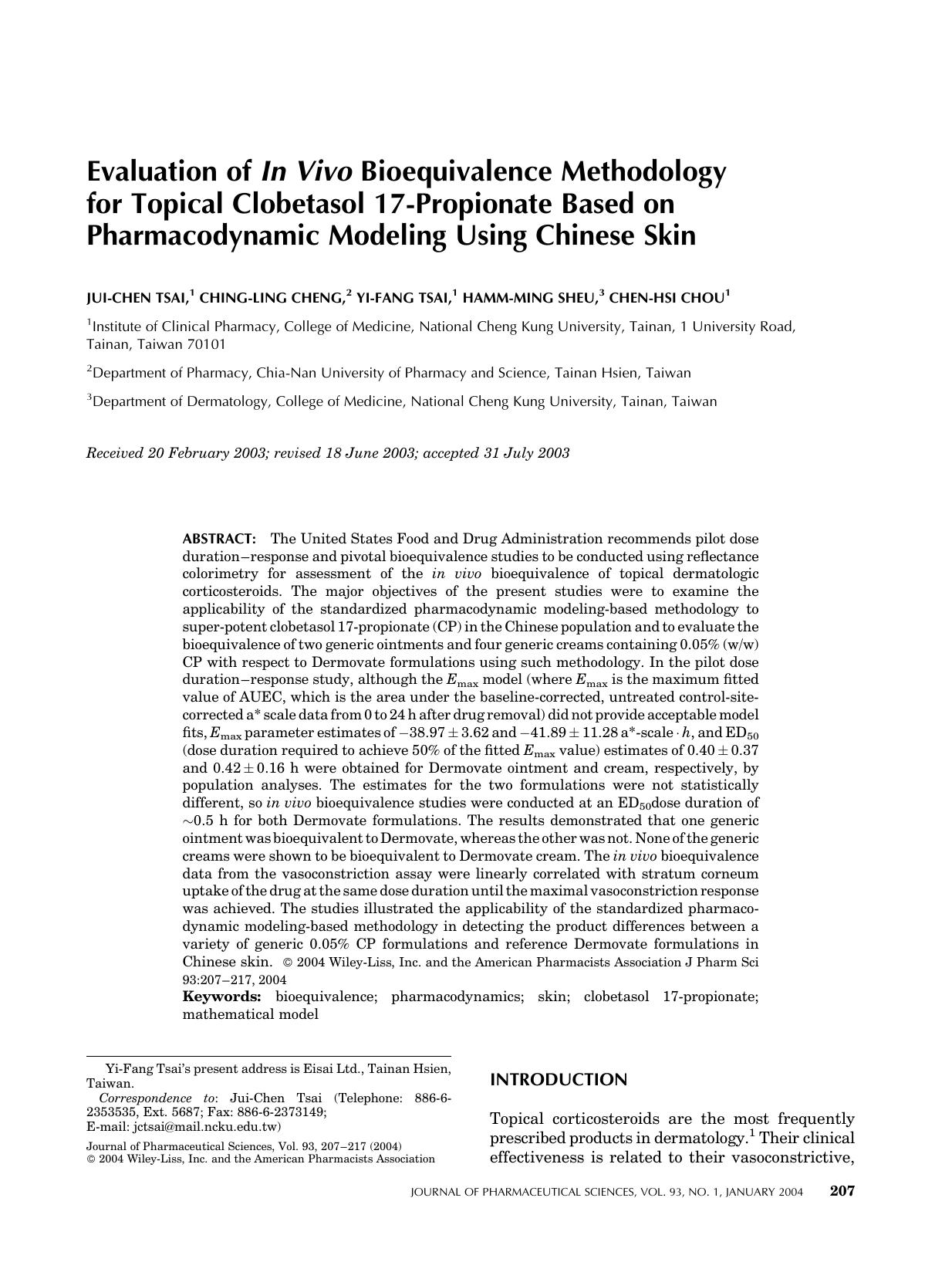 Evaluation of in vivo bioequivalence methodology for topical clobetasol 17-propionate based on pharmacodynamic modeling using Chinese skin by Unknown