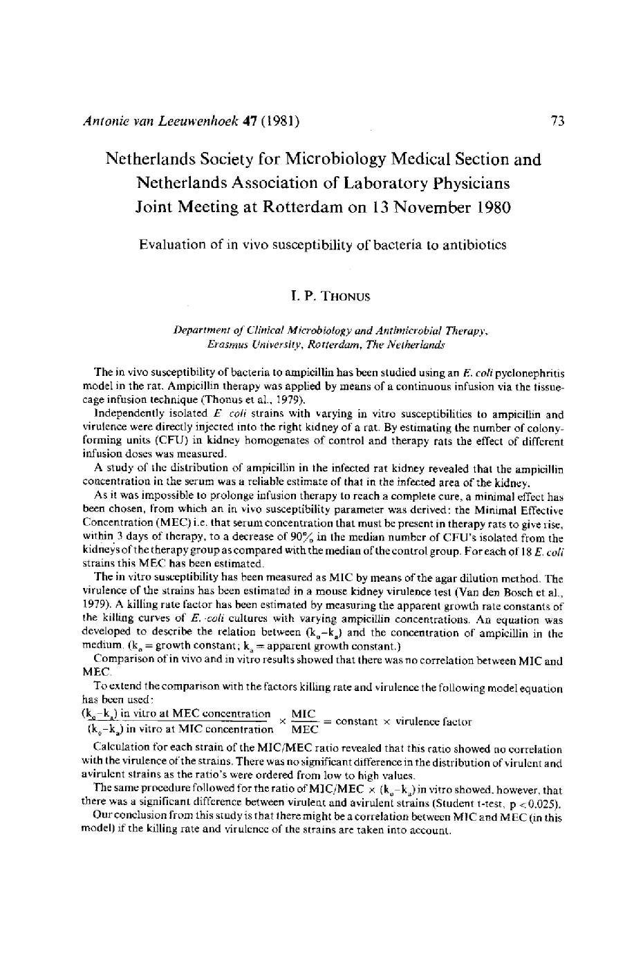 Evaluation of in vivo susceptibility of bacteria to antibiotics by Unknown