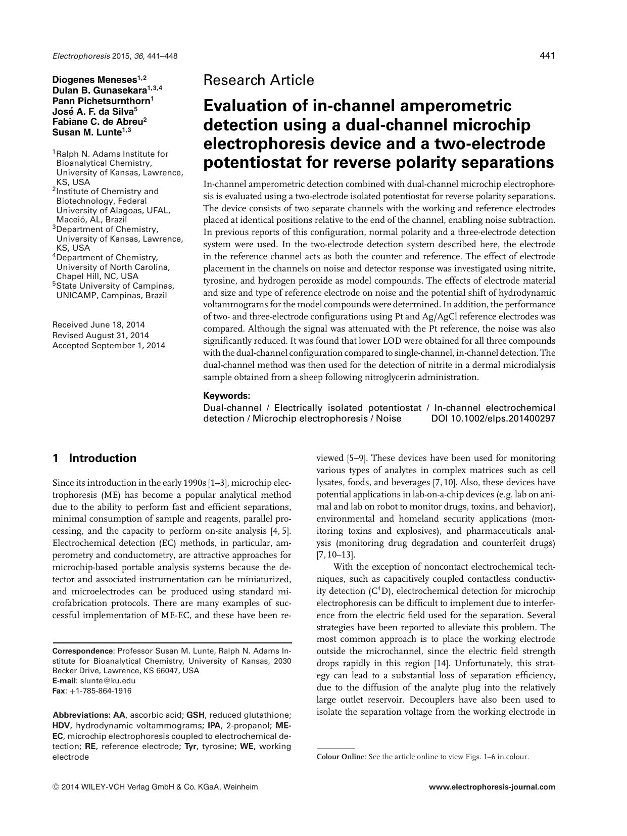 Evaluation of in‐channel amperometric detection using a dual‐channel microchip electrophoresis device and a two‐electrode potentiostat for reverse polarity separations by Unknown
