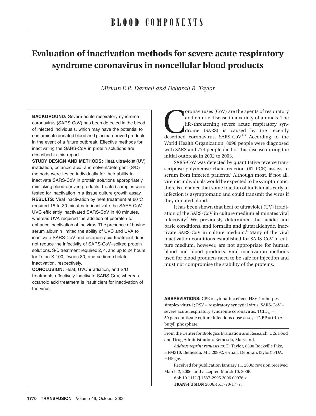 Evaluation of inactivation methods for severe acute respiratory syndrome coronavirus in noncellular blood products by Pinky