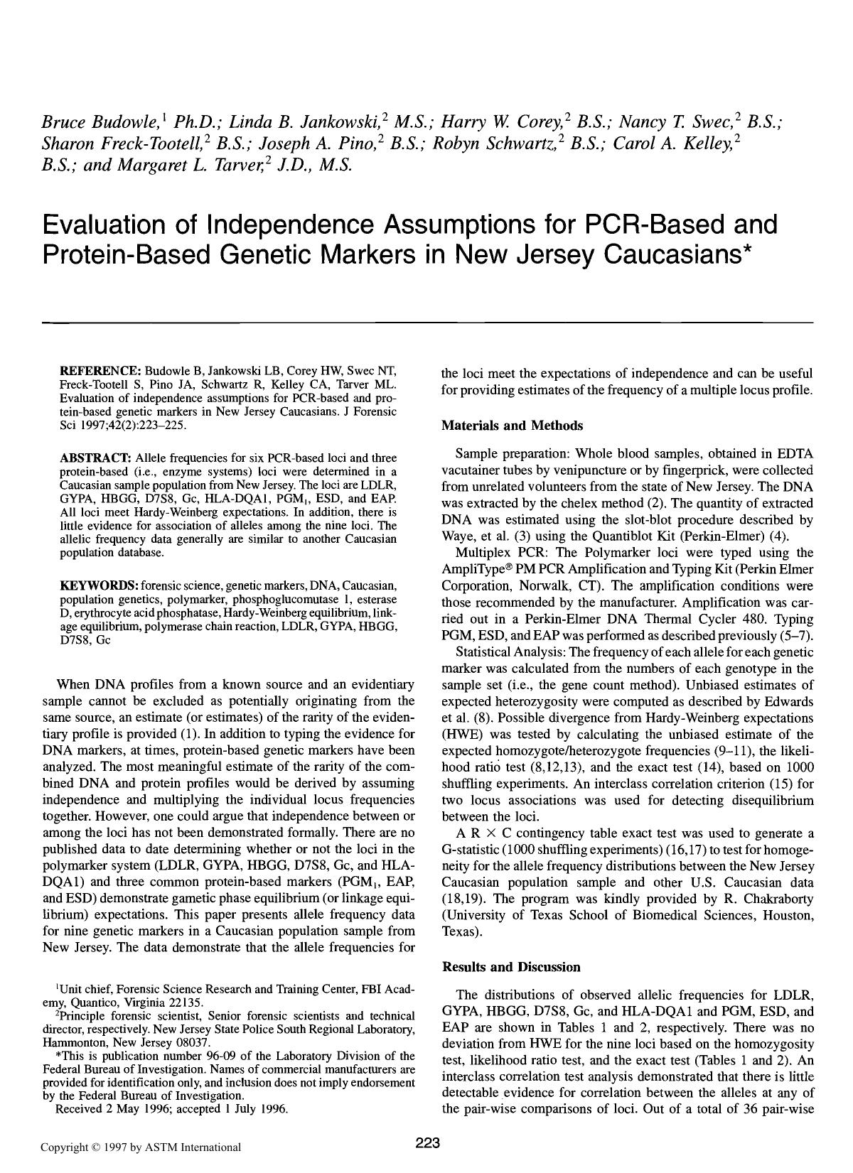 Evaluation of independence assumptions for PCR-based and protein-based genetic markers in New Jersey Caucasians by unknow