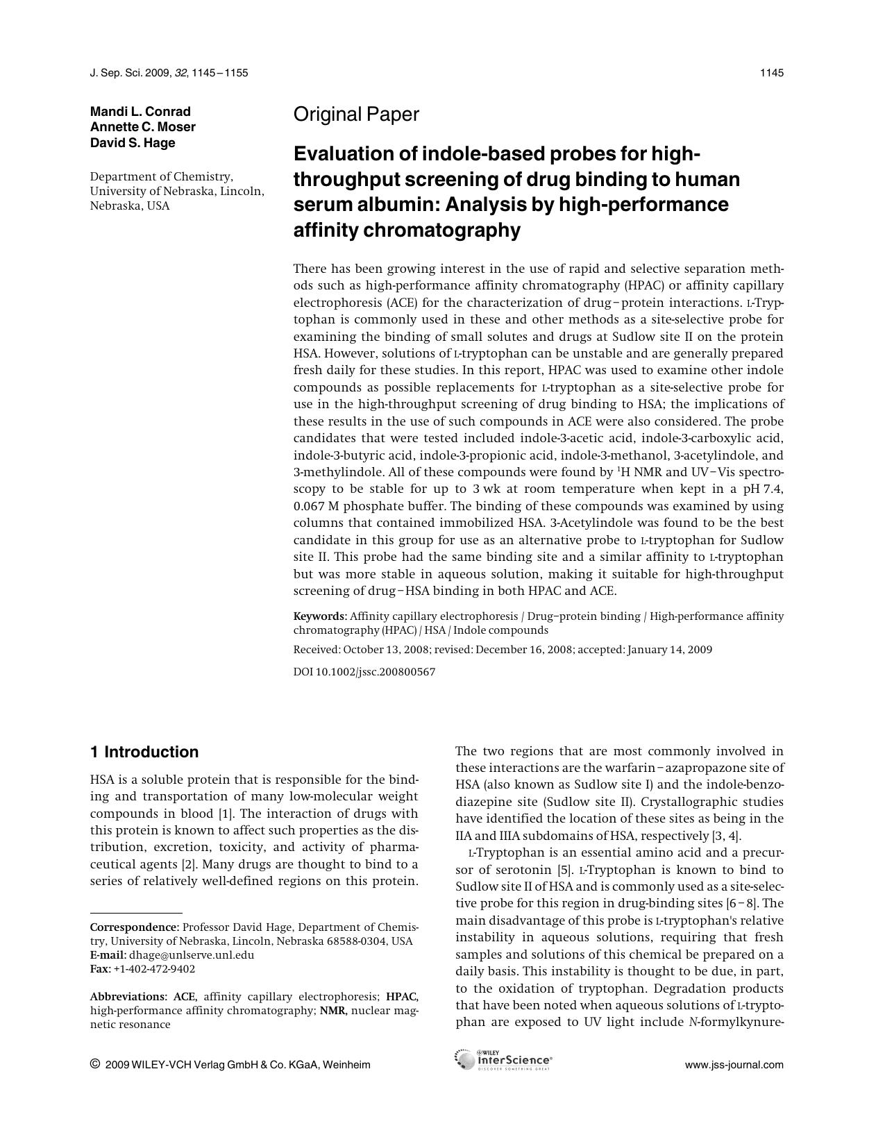 Evaluation of indole-based probes for high-throughput screening of drug binding to human serum albumin: Analysis by high-performance affinity chromatography by Unknown
