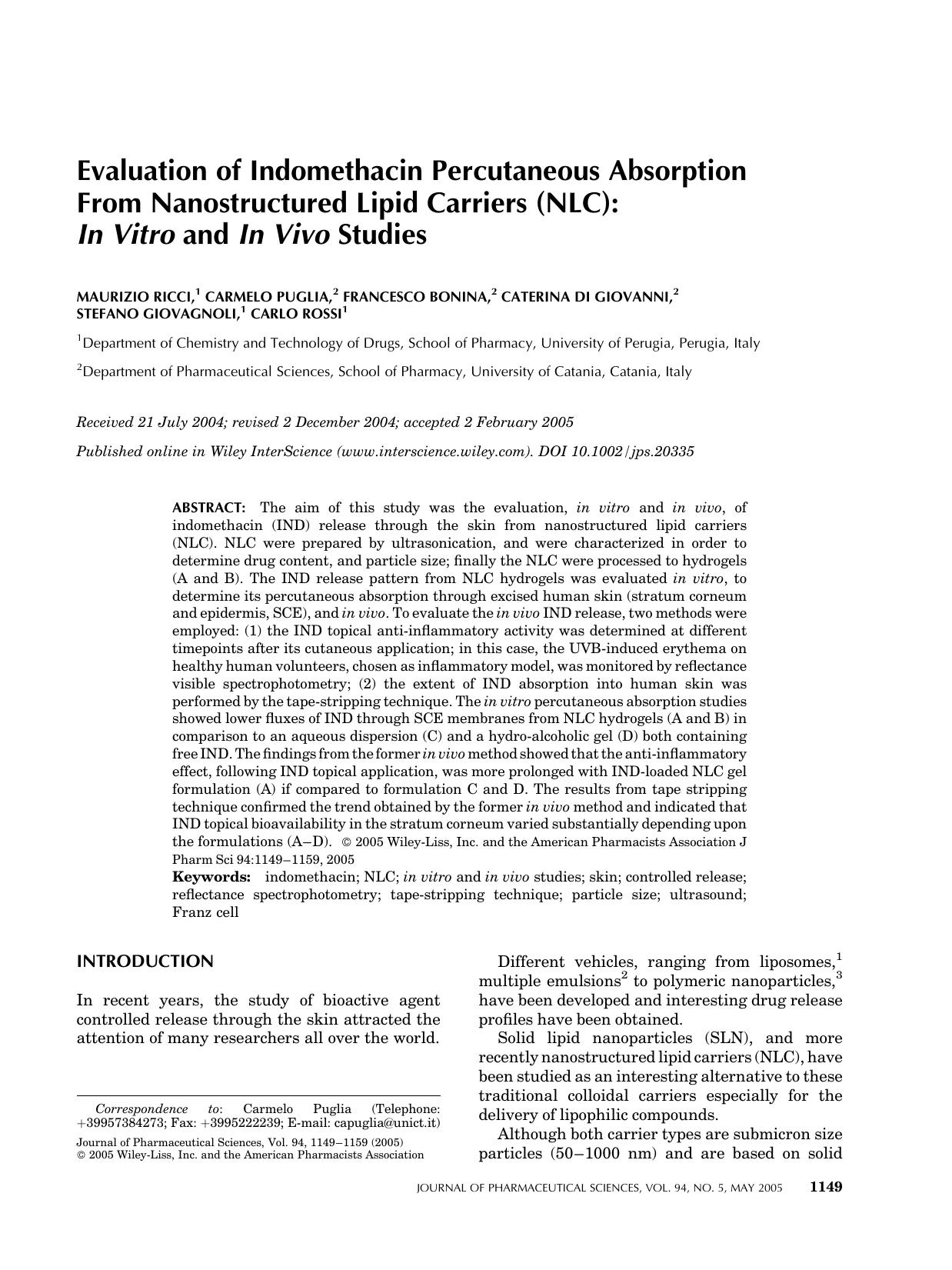 Evaluation of indomethacin percutaneous absorption from nanostructured lipid carriers (NLC): in vitro and in vivo studies by Unknown