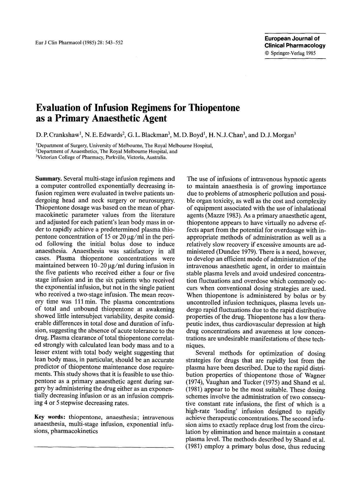 Evaluation of infusion regimens for thiopentone as a primary anaesthetic agent by Unknown
