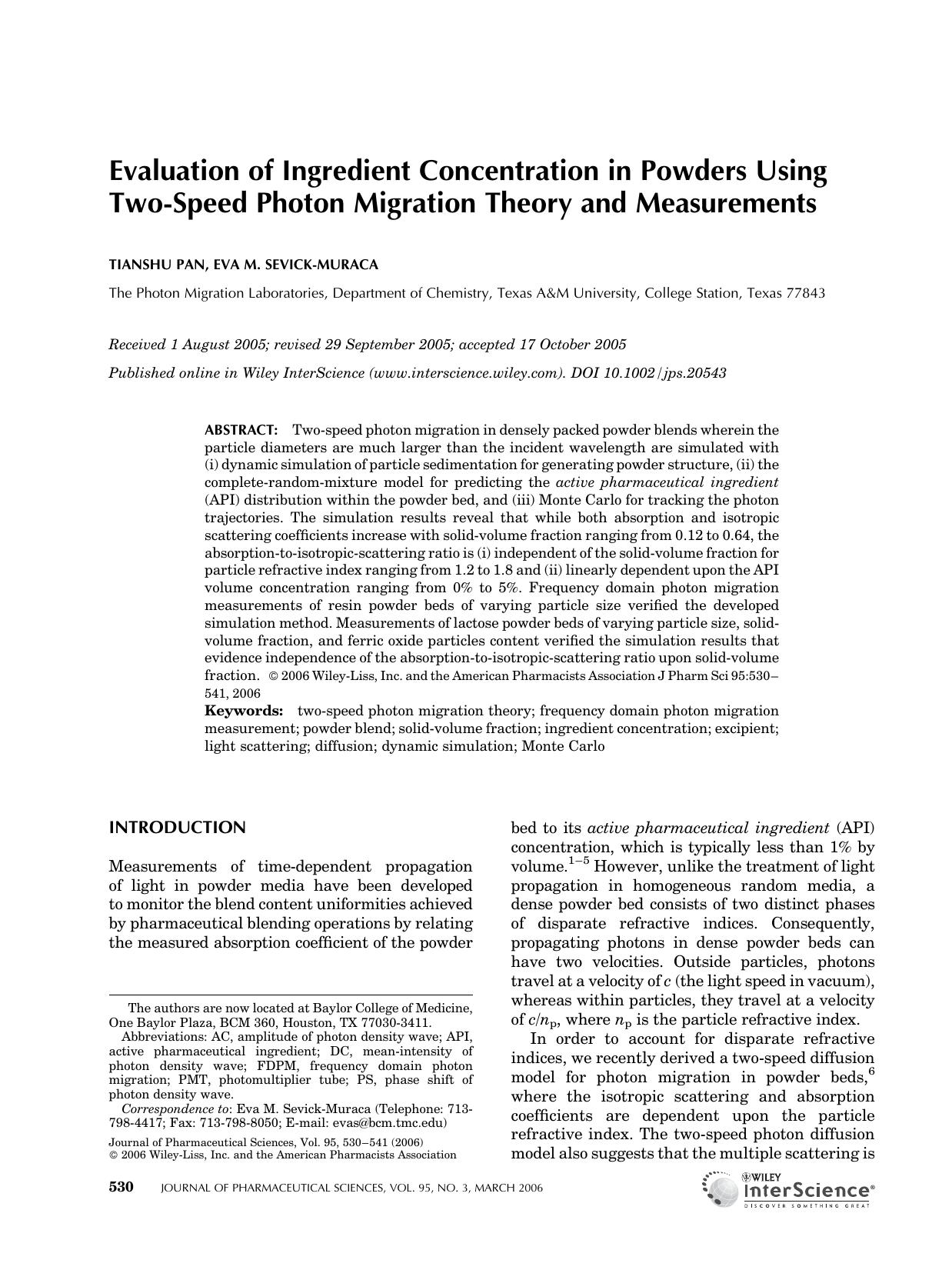 Evaluation of ingredient concentration in powders using two-speed photon migration theory and measurements by Unknown