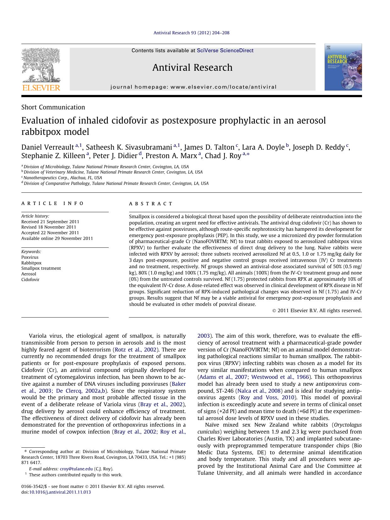 Evaluation of inhaled cidofovir as postexposure prophylactic in an aerosol rabbitpox model by unknow