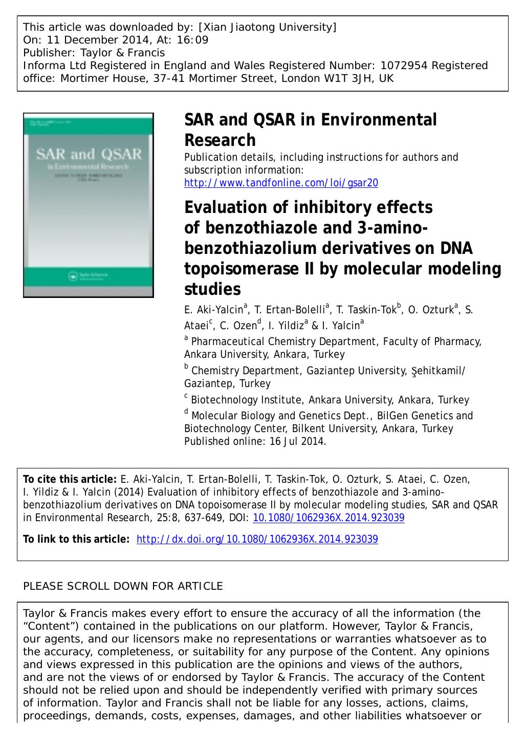 Evaluation of inhibitory effects of benzothiazole and 3-amino-benzothiazolium derivatives on DNA topoisomerase II by molecular modeling studies by E. Aki-Yalcin