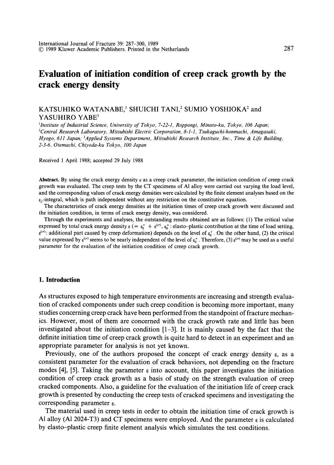 Evaluation of initiation condition of creep crack growth by the crack energy density by Unknown