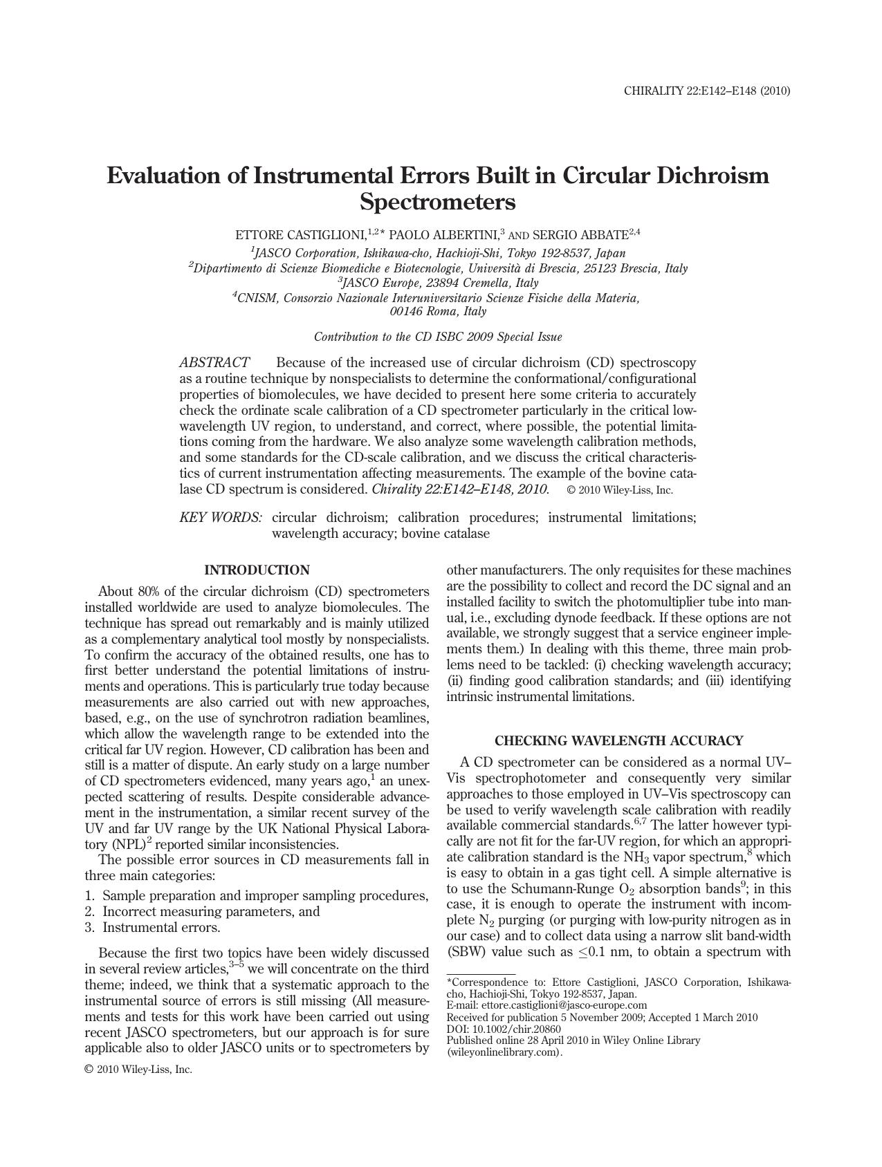 Evaluation of instrumental errors built in circular dichroism spectrometers by Unknown