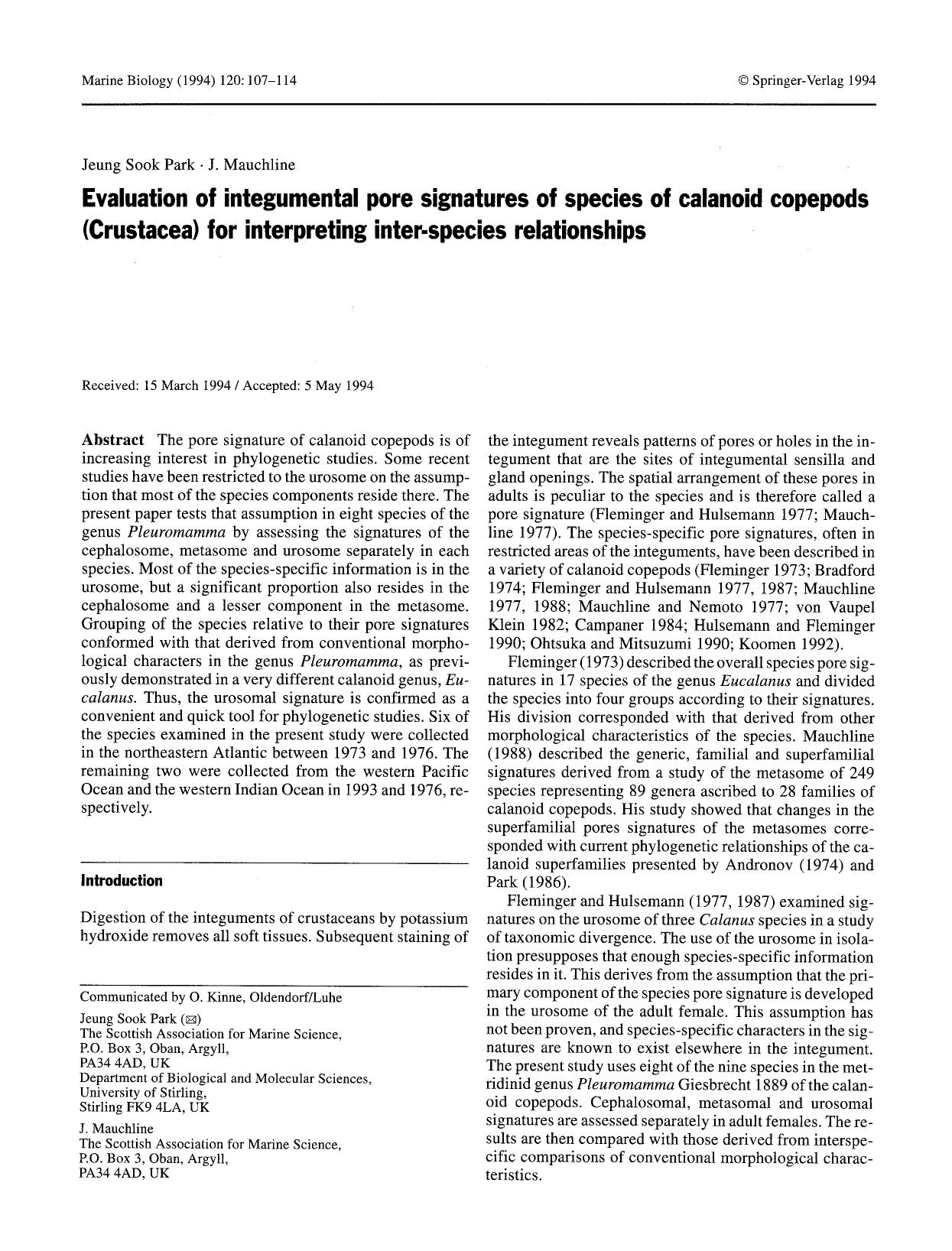 Evaluation of integumental pore signatures of species of calanoid copepods (Crustacea) for interpreting inter-species relationships by Unknown