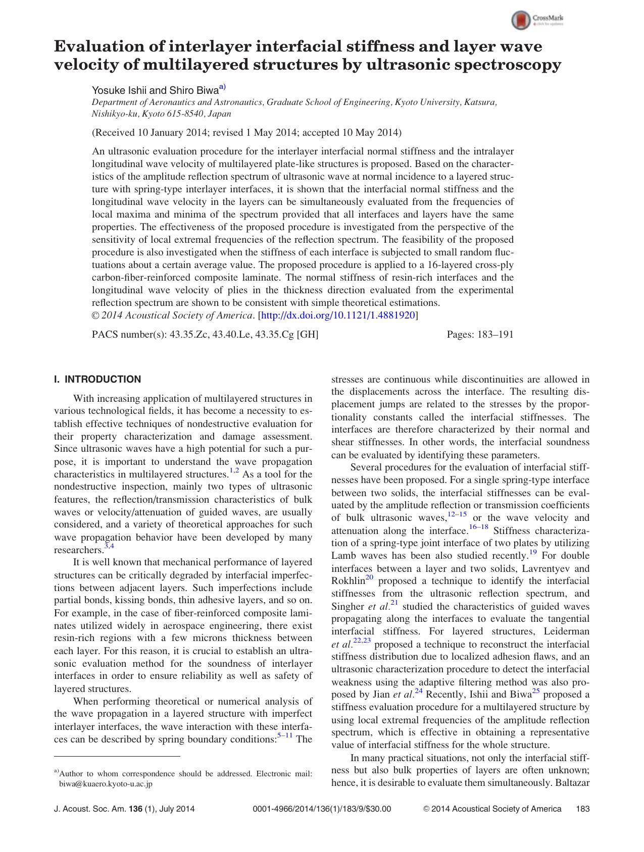 Evaluation of interlayer interfacial stiffness and layer wave velocity of multilayered structures by ultrasonic spectroscopy by Yosuke Ishii & Shiro Biwa